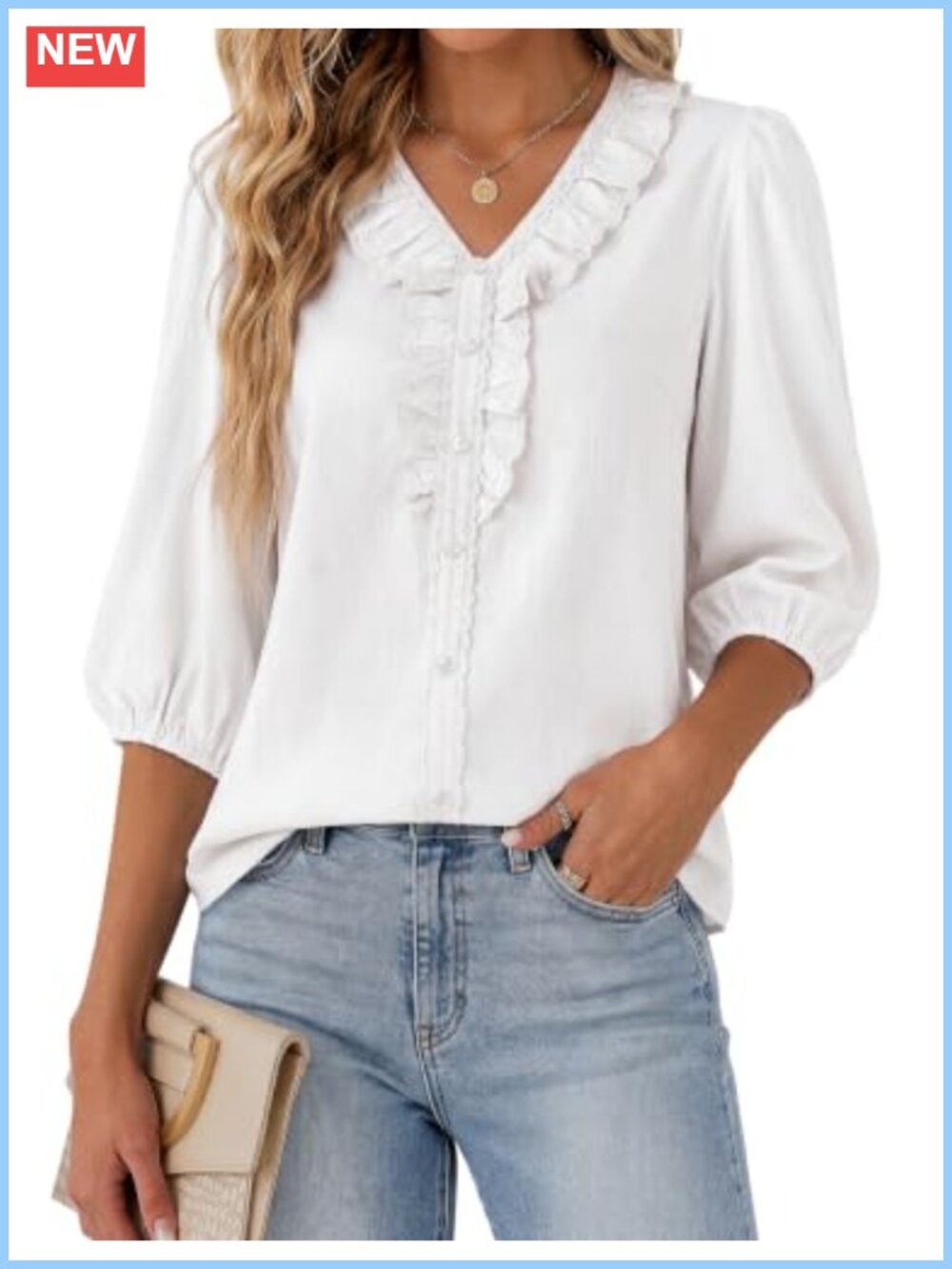 Women Blouse 3/4 Sleeve V Neck Ruffle Lace Patchwork Business Casual Top